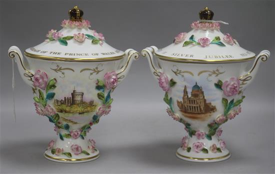 A Coalport two handled lidded vase and another height 20cm (a.f.)